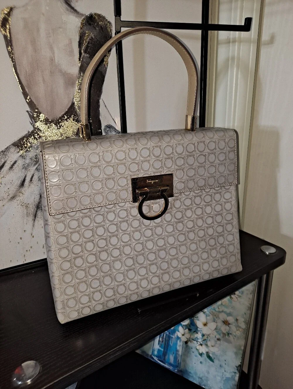 Salvatore Ferragamo Light Beige Gancini Monogram Top-Handle Satchel
